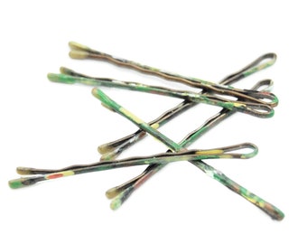 Camouflage colored bobby pins, camo hair accessories, camouflage hair, decorative green bobby pins, colorful bobby pins, decorative hair pin