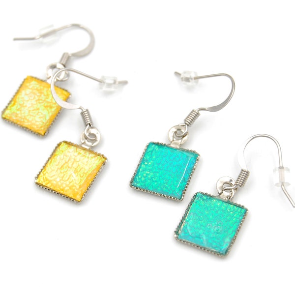 Beach style square drop earrings, iridescent shimmer earring, dichroic resin jewelry, dichro, iridescent mermaid jewelry, aqua square dangle