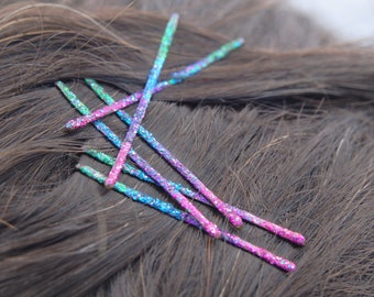 Rainbow glitter bobby pins, decorated bobby pins, rainbow accessories, decorative blue bobby pin, colorful pink bobby pins, glitter hair pin