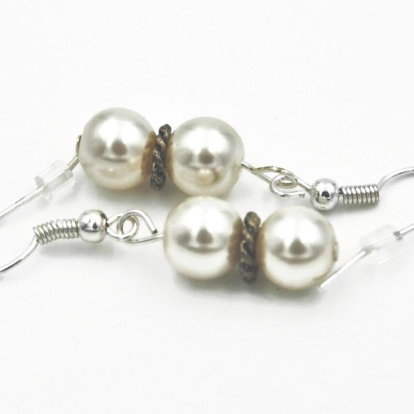 Classic pearl bridal earrings, ivory pearl dangles, simple faux pearl jewelry, champagne pearl bridesmaid, simple formal pearl earrings