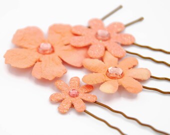 Orange flower girl hair pin, paper flower hair pin, decorative hair pin, floral hair pin, peach wedding accessories, salmon wedding, glitter