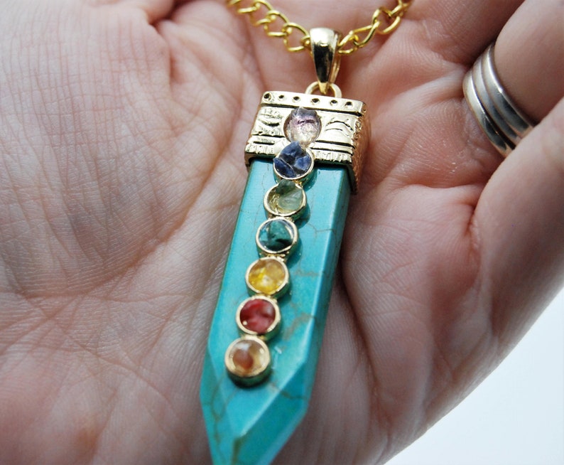 Chakra pendant, buddhist necklace, turquoise howlite necklace, chakra necklace, semi precious stone sword pendant, boho necklace, chakra image 2