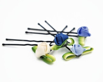 blue rose hair pin, navy flower hair pin, blue floral hair pin, blue flower hair pin, blue bobby pin, small flower hair, decorative hair pin