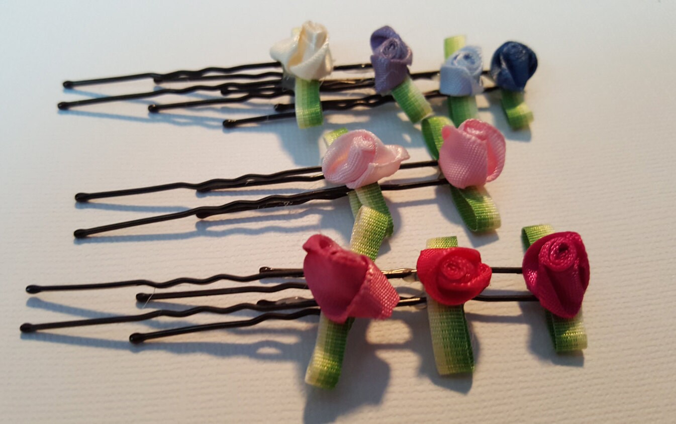 Small Floral Hair Pin Ribbon Rose Hair Pins Pink Flower Hair Etsy