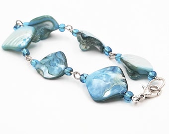 Rough abalone shell bead bracelet, baby blue shell jewelry, pearlescent abalone jewelry, light blue, aqua blue, shell accessories