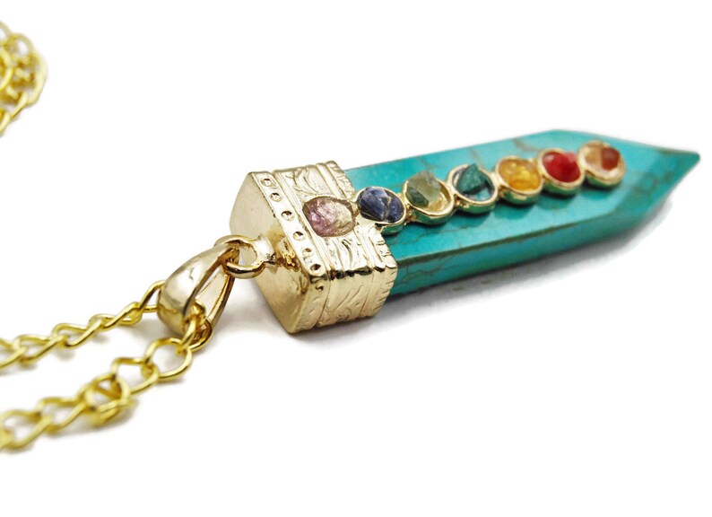 Chakra pendant, buddhist necklace, turquoise howlite necklace, chakra necklace, semi precious stone sword pendant, boho necklace, chakra image 9