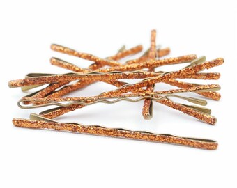 Copper glitter bobby pins, spooky halloween wedding, orange fall wedding, warm orange gold glitter bobby pins