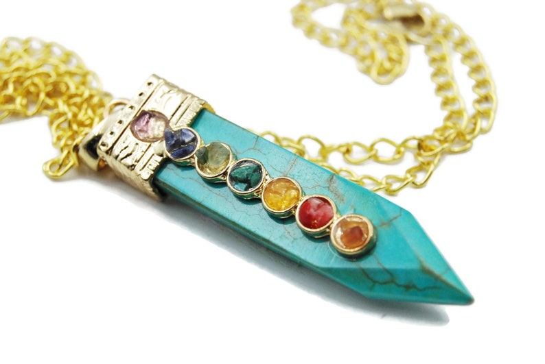 Chakra pendant, buddhist necklace, turquoise howlite necklace, chakra necklace, semi precious stone sword pendant, boho necklace, chakra image 1