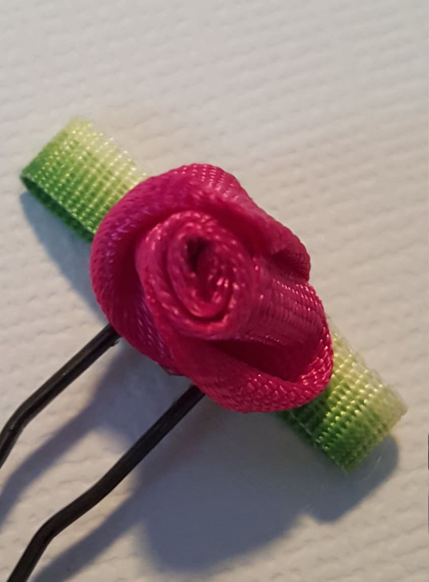 Small Floral Hair Pin Ribbon Rose Hair Pins Pink Flower Hair Etsy