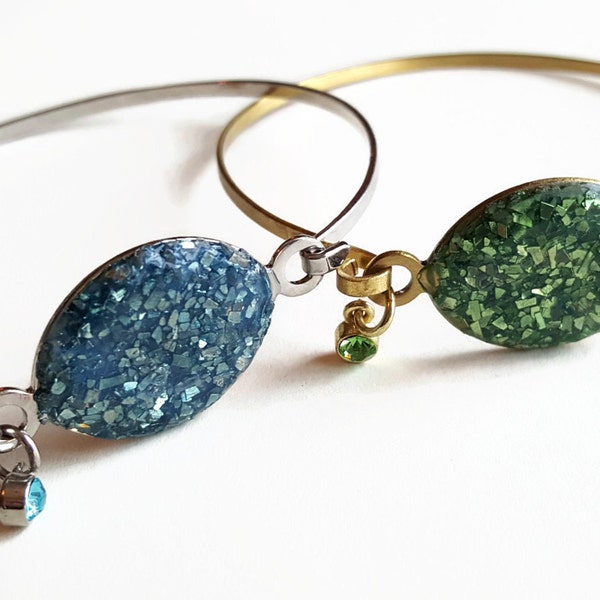 Sapphire blue druzy bracelet, chunky glitter glass druzy jewelry, kelly green druzy, faux druzy statement bracelet, stacking bangle bracelet