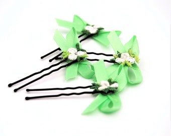 Set of bows with flowers, green flower girl hair pins with bow, green bow for hair, girls green floral hair bow, bow hair pin, green wedding