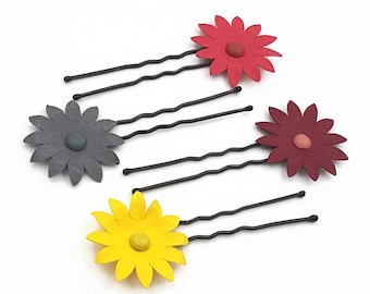 SET OF 4 Paper flower hair pins, small flower girl hair pin, hair flower, red floral hair pin, red flower hair pin, grey flower hair pin