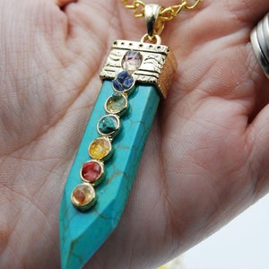 Chakra pendant, buddhist necklace, turquoise howlite necklace, chakra necklace, semi precious stone sword pendant, boho necklace, chakra image 10