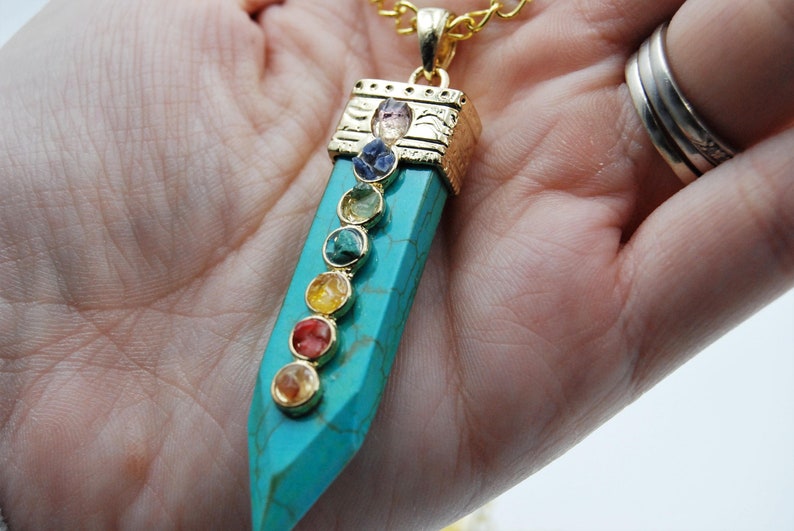 Chakra pendant, buddhist necklace, turquoise howlite necklace, chakra necklace, semi precious stone sword pendant, boho necklace, chakra image 10