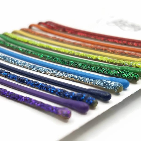 Rainbow bobby pins, roygbiv colored bobby pins, gay pride month, lgbtq pride accessories, roy g biv glitter bobby pins, rainbow accessories