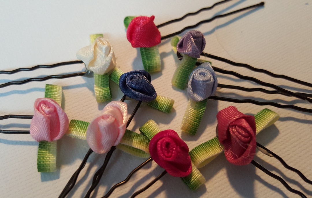 Small Floral Hair Pin, Ribbon Rose Hair Pins, Pink Flower Hair Pin