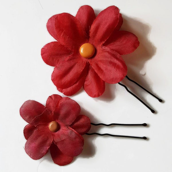 Red fabric flower hair pin, red hair flower, red flower girl hair pins, fabric hair flower, red floral hair pin, red flower bobby pin