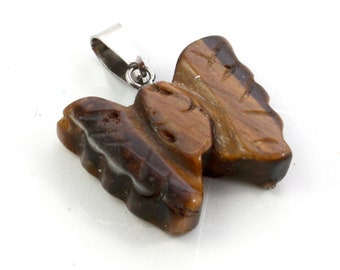 Tigers Eye Butterfly Pendant. A Brown and Gold Colored Stone Decoration for Making Animal Themed Jewelry. A Two Tone Carved Insect Ornament