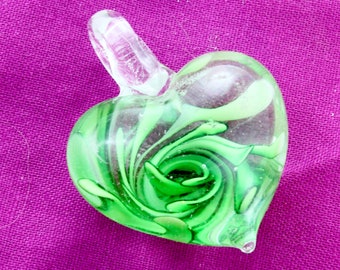 Green Glass Heart Pendant.  A Heart Shaped Decoration for Making Valentines Day Jewelry. Emerald Colored Swirl in Clear Glass Lampwork