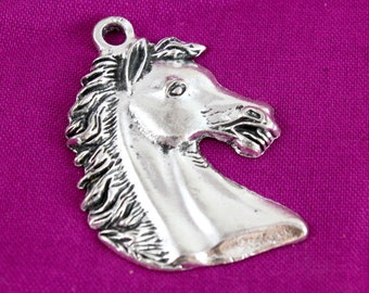 Silver Horse Head Pendants (2) Huge Metal Cameo Charms for Hanging from a Chain or a Cord to Make a Necklace. Bright Animal Lover Bead