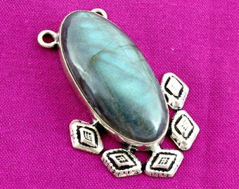 Sterling Silver and Labradorite Connector. An Oval Stone Pendant that Has a Bluish Green Shimmering Hue for Making Jewelry. Metal Attachment