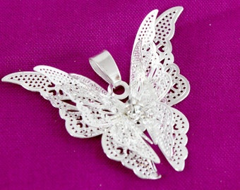 Silver Butterfly Pendant. A 3d Filigree Insect Ornament w/ Tiny Cut Out and Clear Crystal Center. Very Light Metal Decoration for Necklaces