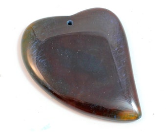 Dark Brown Agate Pendant with Fine Blue Lines. A Stylized Heart Shaped Ornament for Making Valentines Day Jewelry. Translucent Stone Pendant