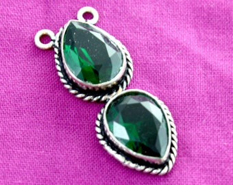 Green Onyx and Sterling Silver Pendant. Two Teardrop Green Stone Ornament for Making Birthstone Jewelry. A Double Crystal Connector
