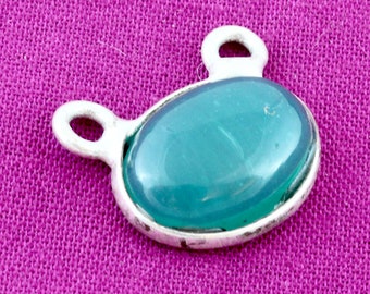 Silver Overlay Green Onyx Connector. A Two Hole Pendant for Making Unusual Gemstone Jewelry. Emerald Oval Shaped Bead for Making a Necklace