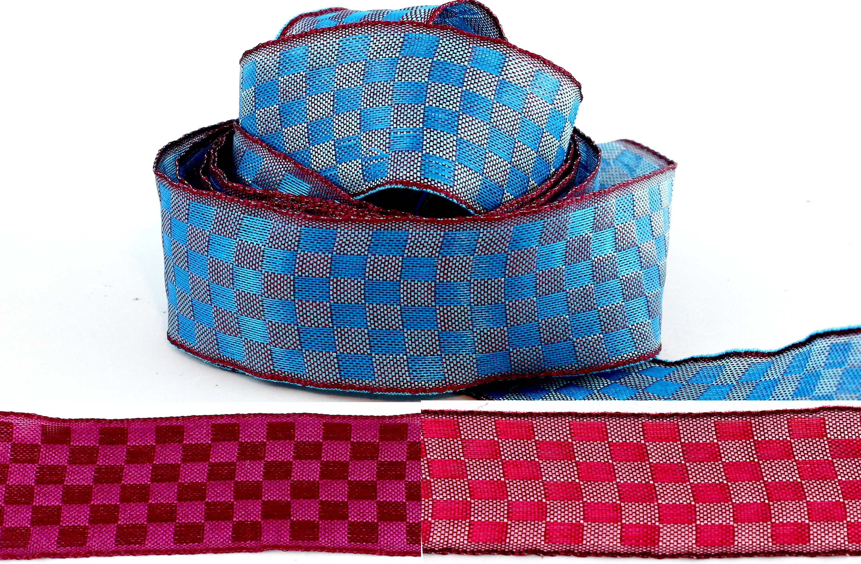 By the Foot Checkerboard Pattern Ribbon. Wide Blue Fabric | Etsy