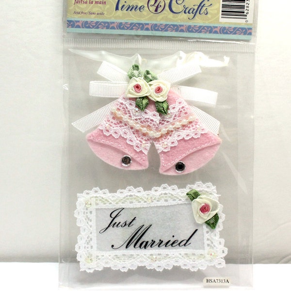 Just Married Stickers. Pink Wedding Bells Sticker. Pink Felt Stickers. Felt Bell with Ribbon Flowers. Light Pink Bells with White Lace