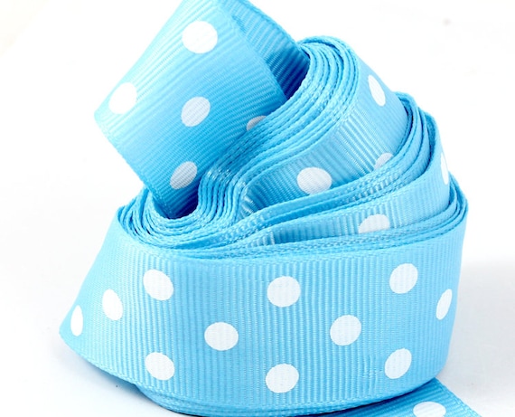 7.5 Feet Light Blue Gros Grain Ribbon With White Polka Dots. 