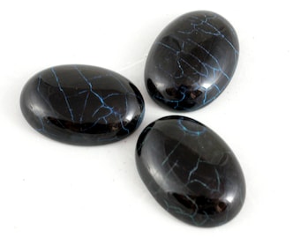 Black Fire Agate Cabochon with Fine Turquoise Lines. A Dark Colored Stone for Bead Embroidery. An Oval Shaped Decoration with Spider Cracks