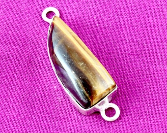 Sterling Silver and Tiger Eye Connector. A Triangular Shaped Beads with Two Holes for Making Jewelry. A Brown and Yellow Color Stone