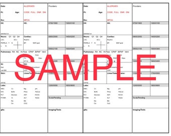 May include: A medical chart form with sections for patient information, allergies, providers, neurology, cardiac, pulmonary, labs, and imaging tests. The form is divided into columns with time intervals for recording data.