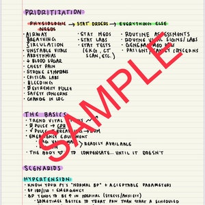 May include: Handwritten notes on a lined sheet of paper with the title "Critical Thinking Crash Course". The notes are organised into sections titled "Prioritization", "The Basics", and "Scenarios". The "Prioritization" section lists physiological needs, stat orders, and everything else. The "The Basics" section lists trend vital, pulse, and the body's ability to compensate. The "Scenarios" section lists hypertension and its symptoms.
