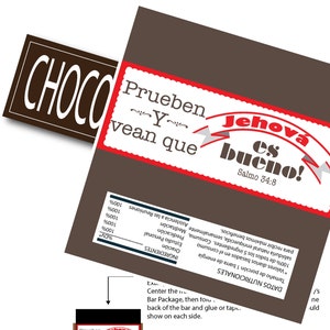May include: A red and white label with the text "Prueben Y vean que Jehova es bueno! Salmo 34:8" on a brown background. The label is designed to be attached to a chocolate bar.