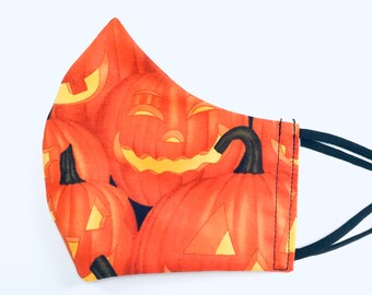 JOL Halloween Fall Face Masks Rare Alexander Henry « Happy Jacks » Pumpkins Kids Adult Cotton Triple Layer Réglable Réutilisable Réutilisable