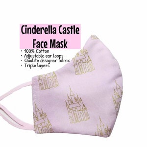 Disney Castle Face Mask Gold Princess Pink Kids Adult Cotton Triple Layer Adjustable Washable Reusable