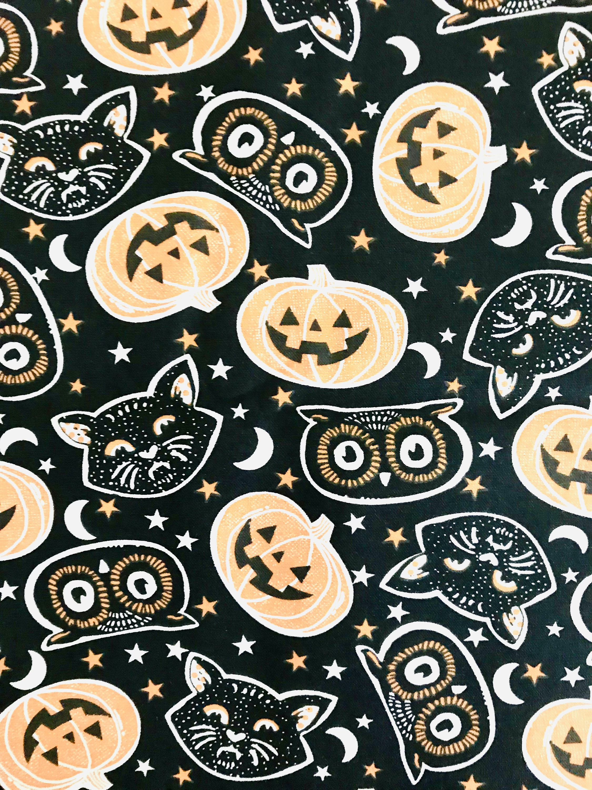 JOL Pumpkin Owl & Black Cats Halloween 100% Cotton Fabric Black Orange Quilting Sewing Crafting