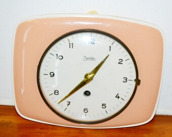 Vintage Ceramic Wall Clock by Zentra, Pink/white, 1950s Retro, Mid
