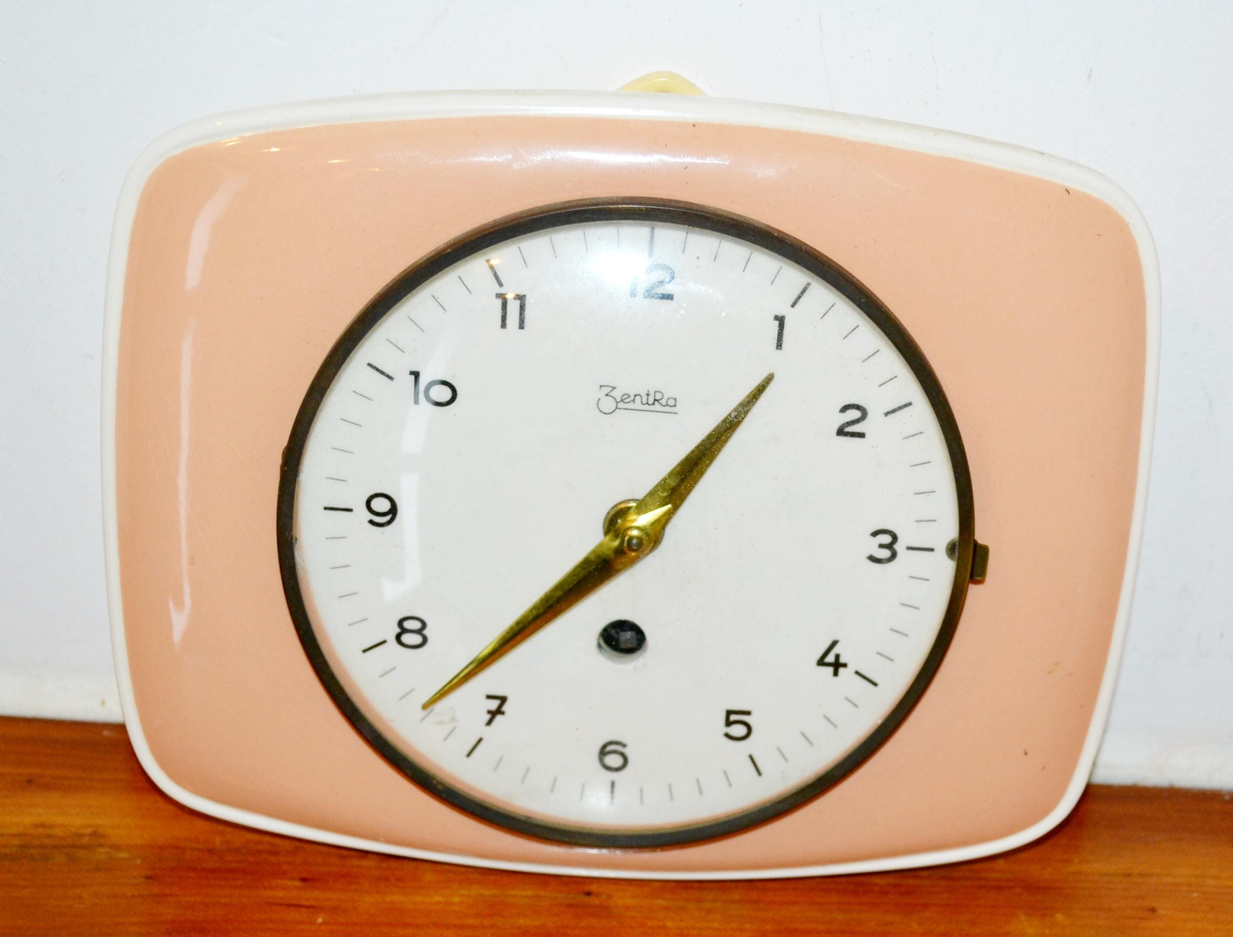 Vintage Ceramic Wall Clock by Zentra, Pink/white, 1950s Retro, Mid