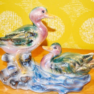 Beautiful large XL vintage porcelain figurine ducks 70s Seventies colorful glossy shiny retro mid century shabby chic country style