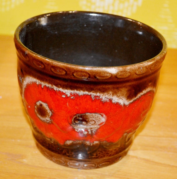 Schöner Vintage Übertopf 70er Jahre Blumentopf Rot/Braun 13x13cm Fat Lava Seventies Plant Pot Keramik Mid Century Retro