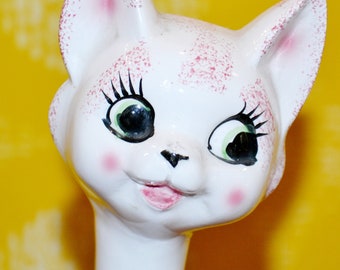 Vintage Ceramic Figure Cat 70s White/Pink Mid Century Retro Cat WGK WGP