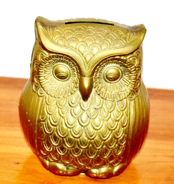 Schöne große Vintage Messing Spardose Goldfarben Eule Owl Money Box Space Age Retro Mid Century Shabby Chic Landhausstil