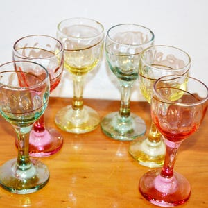Vintage Liqueur/ Sherry Glasses Colorful Set 50s Retro Mid Century Shabby Chic Country Style Crystal Glass