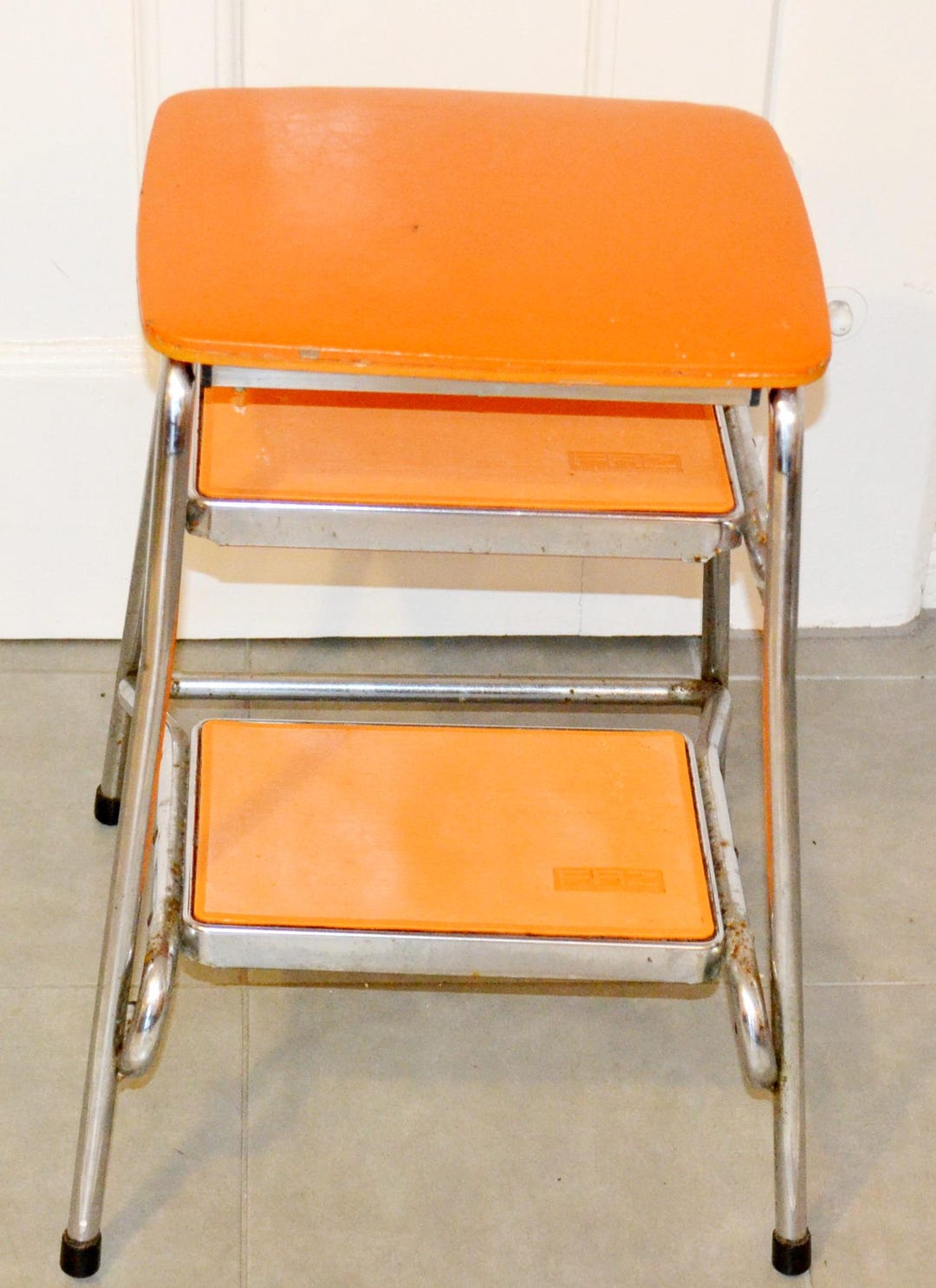 Vintage Step Stool Orange / Silver Metal 70s Retro Mid Century ...