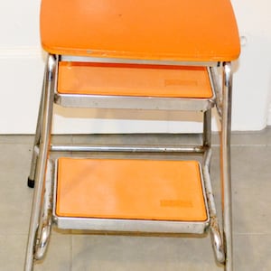 Vintage Step Stool Orange / Silver Metal 70s Retro Mid Century