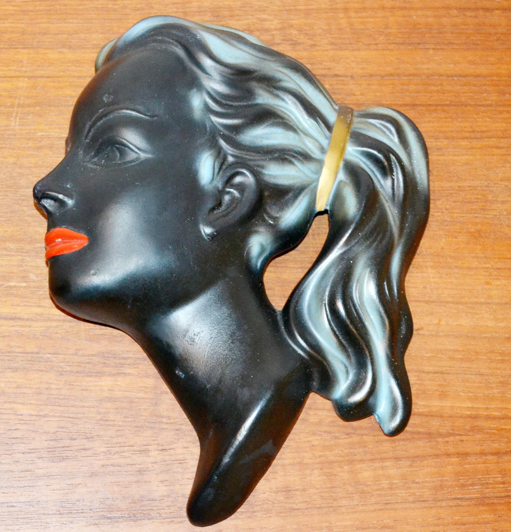Vintage Ceramic Wall Mask by Cortendorf, Black/blue, 1950s, Mid